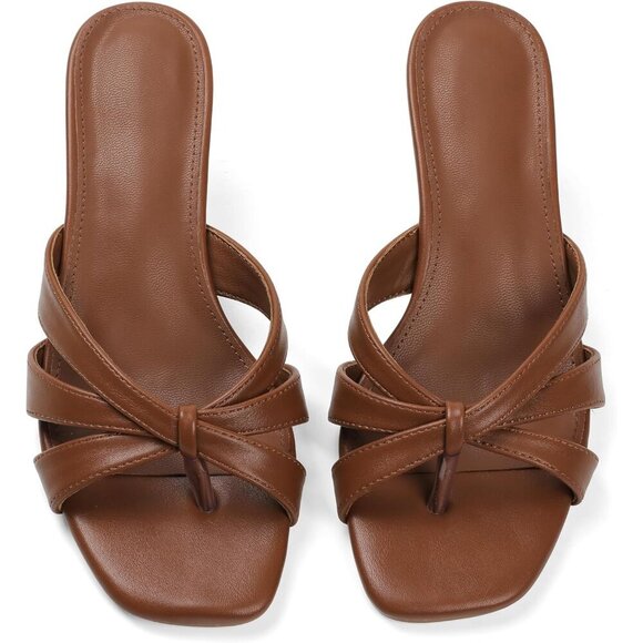 Brown Kitten Heels Faux Leather Women Flip Flops Strappy Square Open Toe Slides